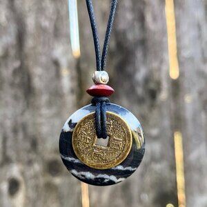 Zebra Jasper Necklace with Lucky Chinese Coin | Handmade